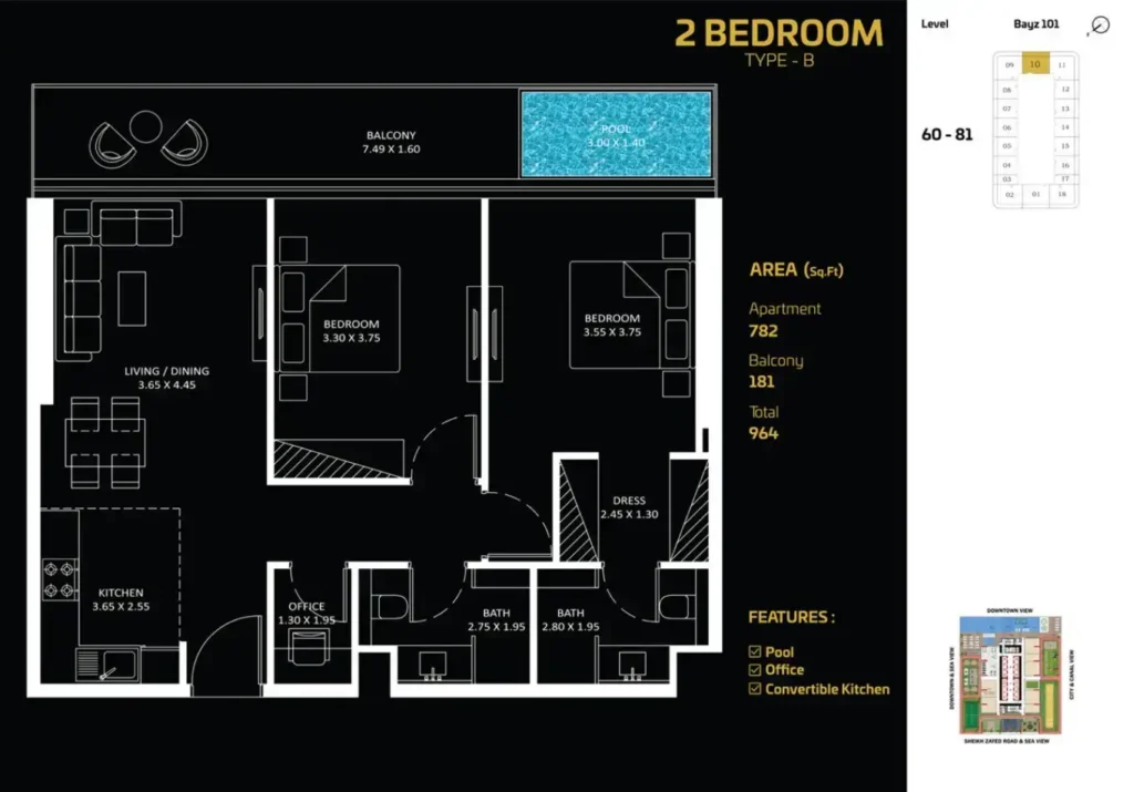 hj real estates offplan bayz 101 by danube floor plan 2br 1