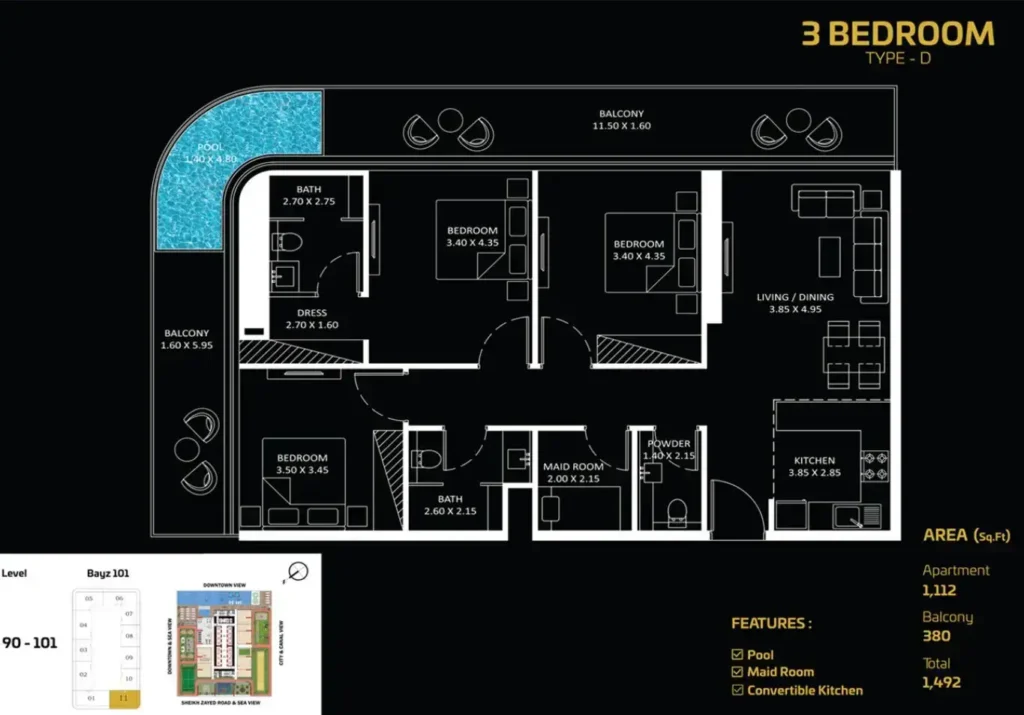 hj real estates offplan bayz 101 by danube floor plan 3br 1