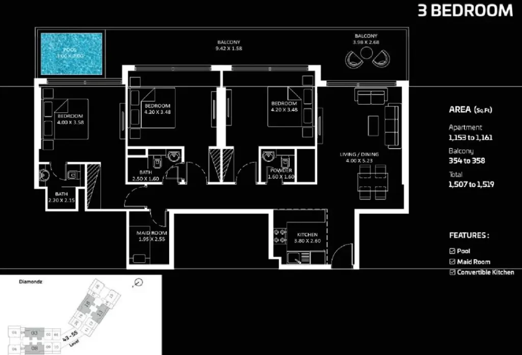 hj real estates diamondz by danube floor plan 3br