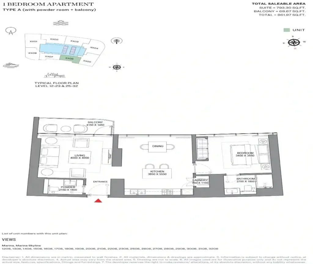 hj real estates sobha seahaven floor plan 1BR 1